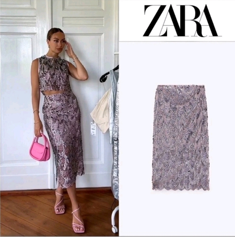 NWOT Zara Gray and Purple Embellished Midi Pencil Skirt Set